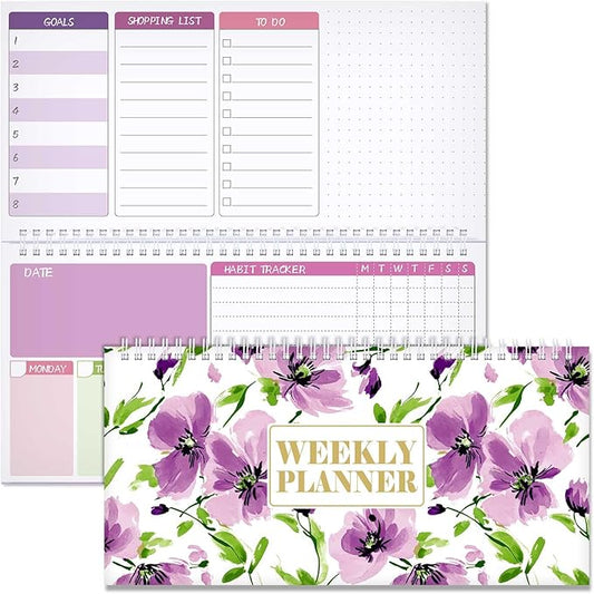 Funrous Floral Undated Weekly Planner 2026 Weekly To Do List Notepad with Goal Shopping Horizontal Desk Calendar Spiral Bound Calendar for Planner Reminder Office School 12 x 6 inch(Elegant,Purple)