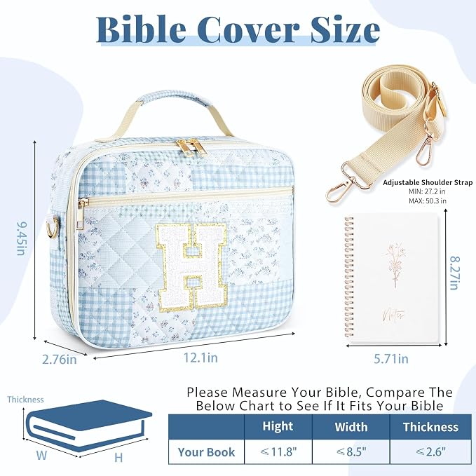 Personalized Initial Bible Cover Case for Women, Large Quilted Bible Bag with Durable Handle, Stylish Church Bag Journaling Kit with Study Supplies Accessories, Christians Gifts for Women (Spliced-H)