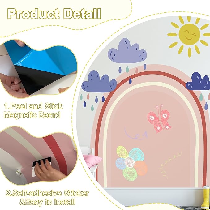 Magnetic Chalkboard Wall Peel and Stick Exclusive Rainbow and Cloud Wallpaper 54" Wx70 H Roll Magnetic Arch Chalkboard for Wall Self Adhesive Wall Sticker for Office School Playroom Bedroom, Pink
