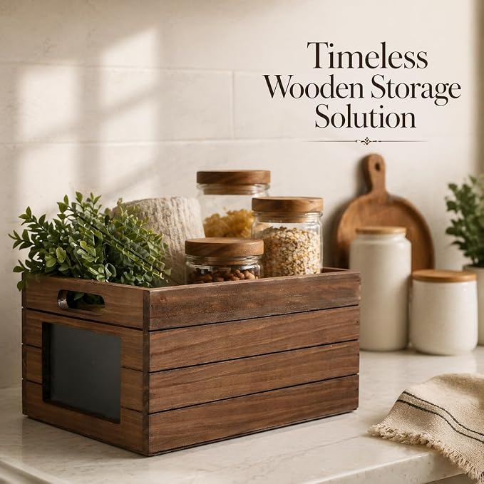 Wooden Storage Crate with Chalkboard Label – Rustic Organizer Box for Home, Office, Closet, Pantry Shelf, Decorative Storage Bin with Handles