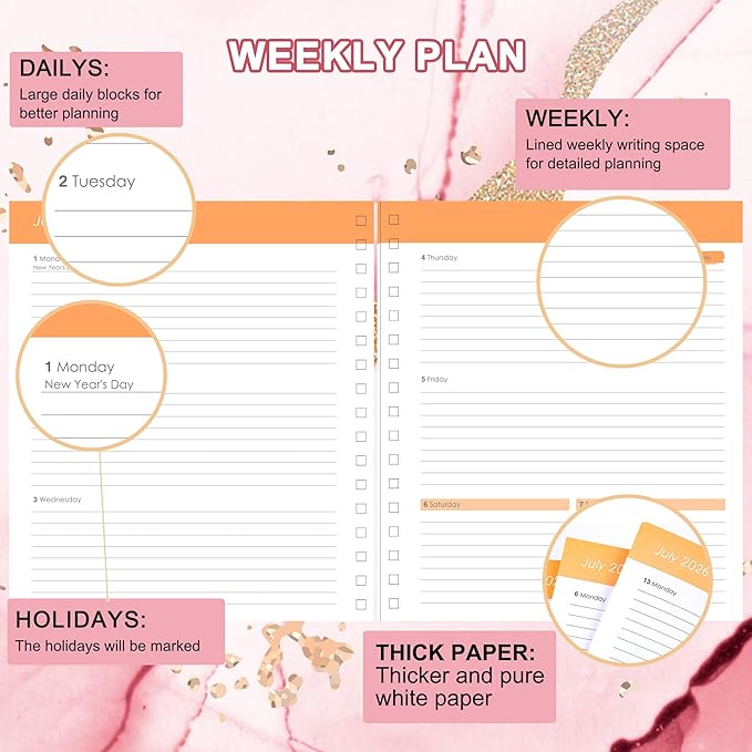 CAGIE 2026 Planner Weekly and Monthly Dec 2025–Dec 2026 Hardcover Planner with Pockets, 13 Month Large Pink Marble Calendar Planner with Stickers Tabs, Spiral Bound Yearly Calendar Planner for Women, 8.3" x 9.3"