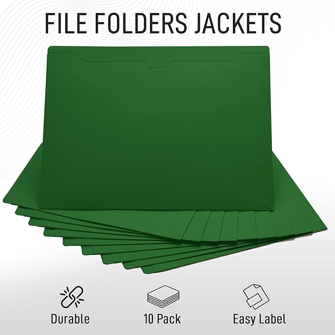 Green File Jackets, Flat-No Expansion, Letter Size, Reinforced Straight-Cut Tab, 10 Pack