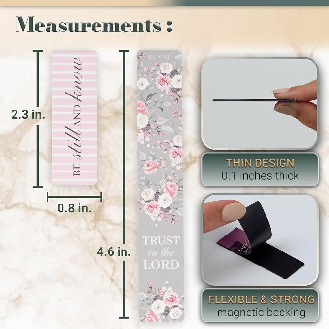 Christian Art Gifts Magnetic Scripture Bookmark Set for Women with Beloved Scripture Favorites -Inspirational Pink Roses Magnetic Bible Verse Pagemarker Set of 6 for Bibles and Books, Size 2.3” x 0.8”