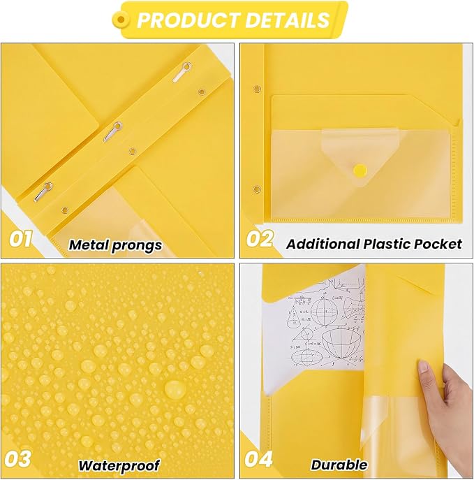 Kosiz 24 Pcs 2 Pocket Folders with Prongs, Paper Folders with 2 Pockets and 3 Prongs Fit Letter Size Paper, Back to School File Document Organizer for School Office Home Supplies (Yellow)