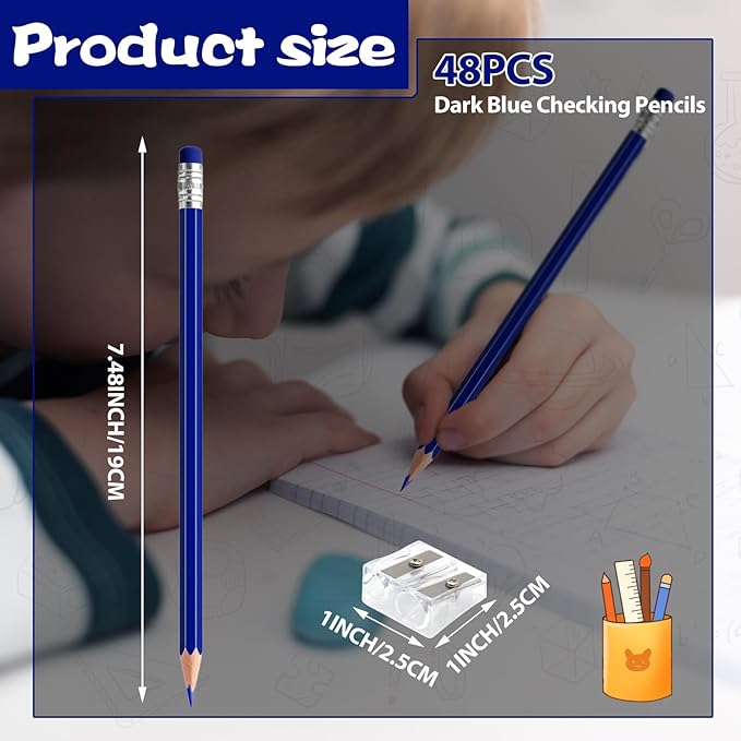 48 PCS Dark Blue Pencils Bulk with Eraser, Pre-Sharpened HB Pencils for Writing & Drawing, School Supplies for Kids Homework, Tests, Art Crafts & Teacher Grading(Dark Blue)