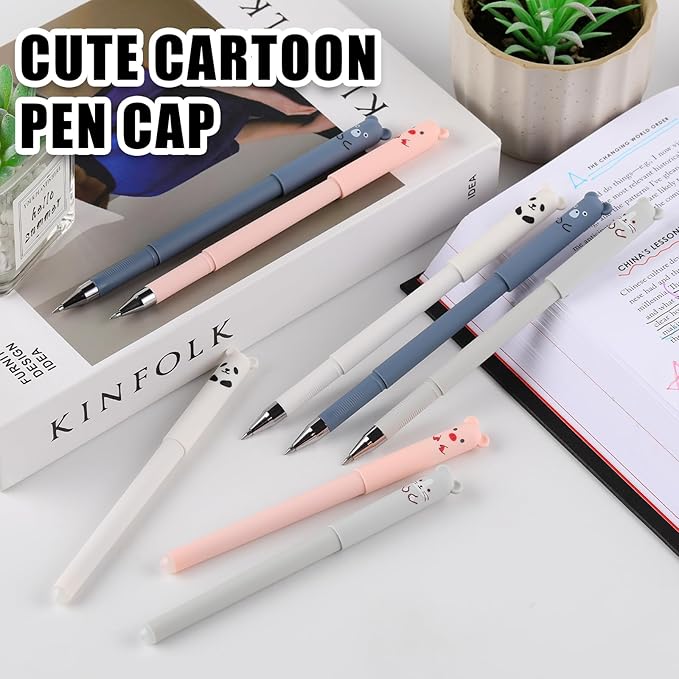 RIANCY Cute Cartoon Animal Erasable Gel Pens, 12 Pack, 0.5mm Fine Point, Refillable Black Ink Rollerball Pens for Students & Adults, Ideal for Writing, Note Taking, School & Office Supplies