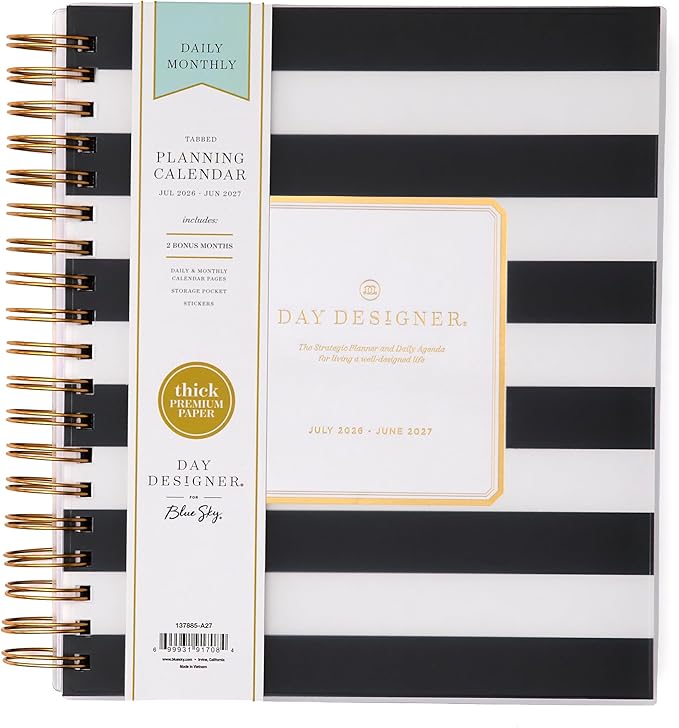 Blue Sky Day Designer 2026-2027 Daily and Monthly Academic Year Planner Calendar, July 2026 - June 2027, 8" x 10", Flexible Cover, Laminated Tabs, Storage Pocket, Includes Stickers, Black Stripe