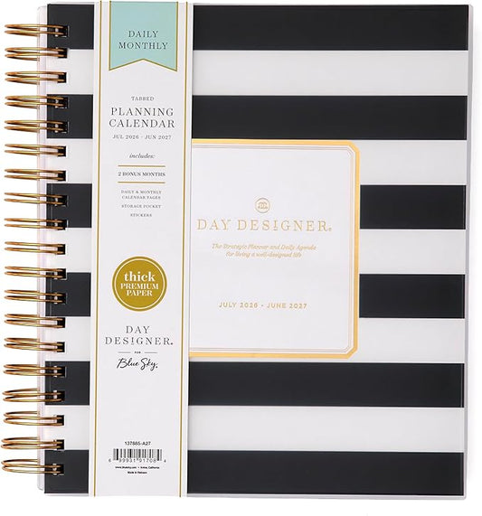 Blue Sky Day Designer 2026-2027 Daily and Monthly Academic Year Planner Calendar, July 2026 - June 2027, 8" x 10", Flexible Cover, Laminated Tabs, Storage Pocket, Includes Stickers, Black Stripe