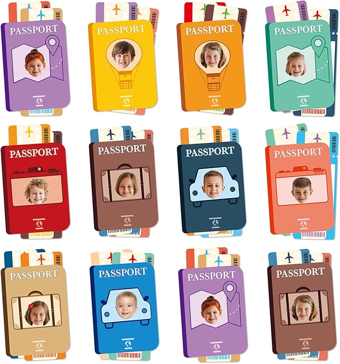 60pcs Passport Theme DIY Cutouts Passport Bulletin Board Decoration Set World Travel Paper Cut-Outs Classroom Decor for Boy Girl Classroom DIY Photo Craft Kindergarten School Wall Door Supplies