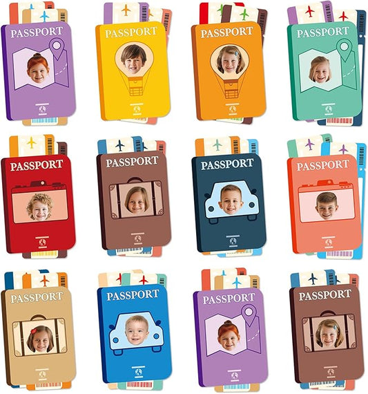 60pcs Passport Theme DIY Cutouts Passport Bulletin Board Decoration Set World Travel Paper Cut-Outs Classroom Decor for Boy Girl Classroom DIY Photo Craft Kindergarten School Wall Door Supplies
