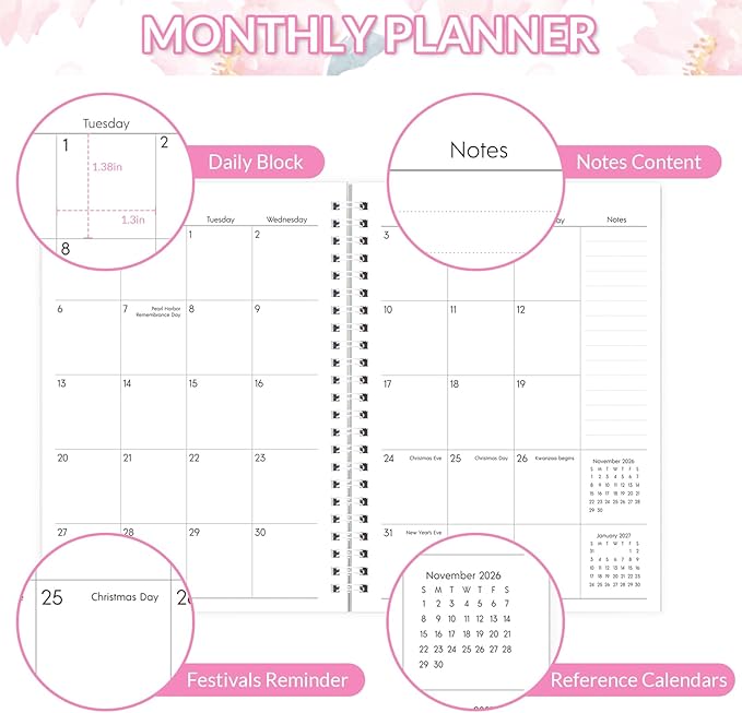 Monthly Planner 2025-2027, Monthly Calendar July 2025 - December 2027, A5 Planner 2025-2026 with Coil, 5.9'' x 8.4'', Perfect for Office School Supplies Organizing Planning - Pink