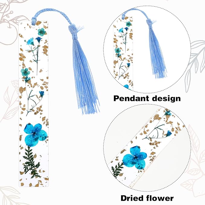 2Pcs Book Page Holder, Dried Flower Resin Thumb Book Page Holder and Bookmark with Tassel, Book Accessories for Reading Lovers, Gift for Bookworm, Readers, Literary, Students, Teachers (Lake Blue)