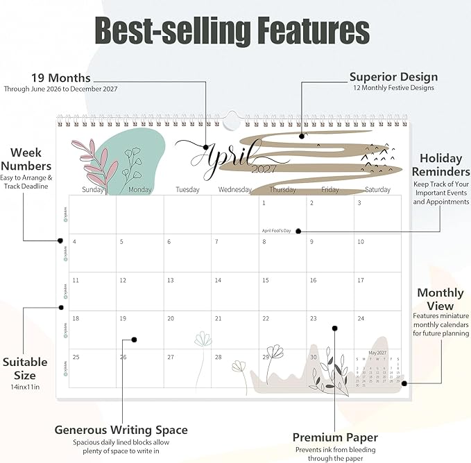 Guasslee Wall Calendar 2026-2027, 2026 Calendar Wall, 19-Month Planner Wall, 2026 Jun - 2027 Dec, 14" X 11" Monthly Calendar Spiral Bound with Thick Paper, Week Numbers for School Year Home Office