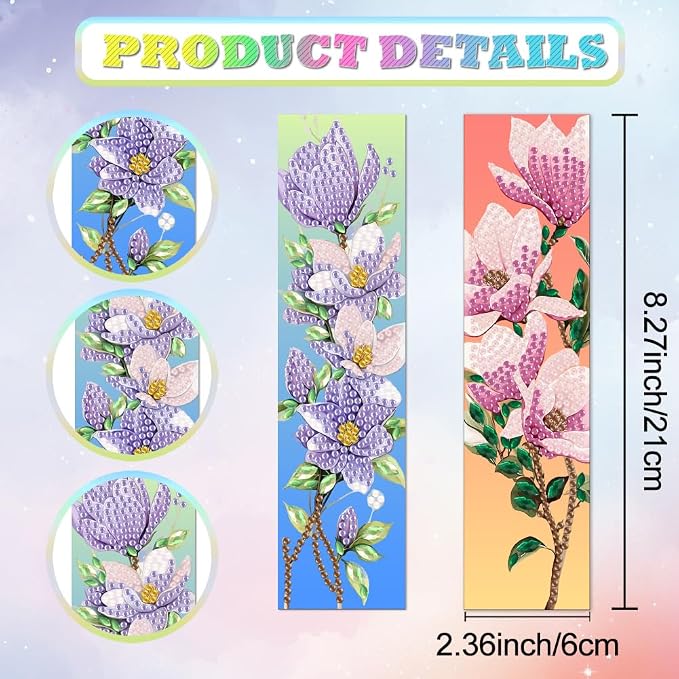 6Pcs Magnolia 5D Diamond Art Bookmarks Flowers Diamond DIY Painting Bookmarks Rhinestones Beaded Acrylic Tassel Bookmark for Adult Beginner Crafts