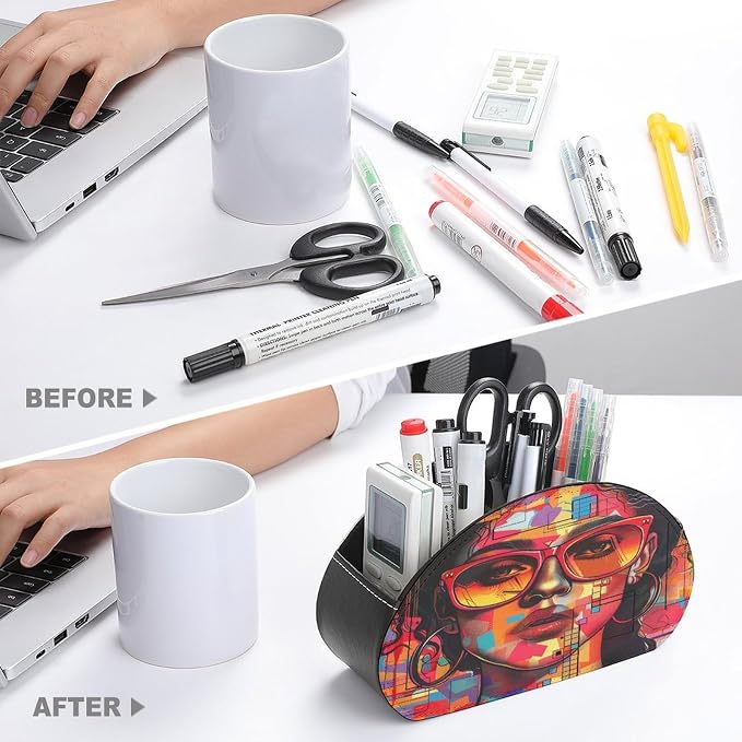 Remote Control Holder,Girl Wearing Sunglasses Printed PU Leather Remote Caddy Desktop Organizer with 5 Compartments for Media Accessories & Office Supplies Storage