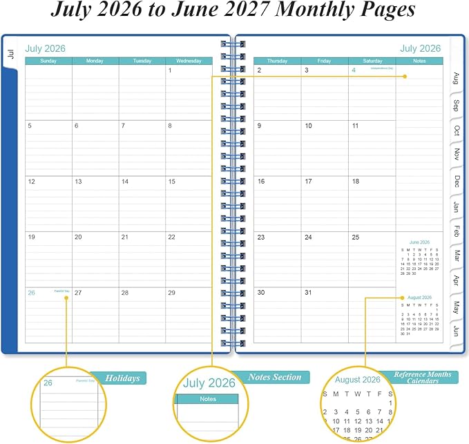 2026-2027 Planner - Planner 2026-2027 from July 2026 - June 2027, Weekly & Monthly Planner Spiral Bound with 12 Monthly Tabs, Inner Pocket, 6.4" x 8.5", Blue-E