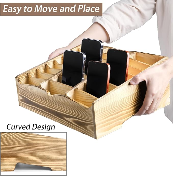 Lawei 24 Grid Wooden Cell Phones Storage Box, Desktop Mobile Phone Holder Caddy, Multi Classroom Cell Phones Organizer for School, Office, Meeting Room, Cell Phone Rack Display, No Assembly
