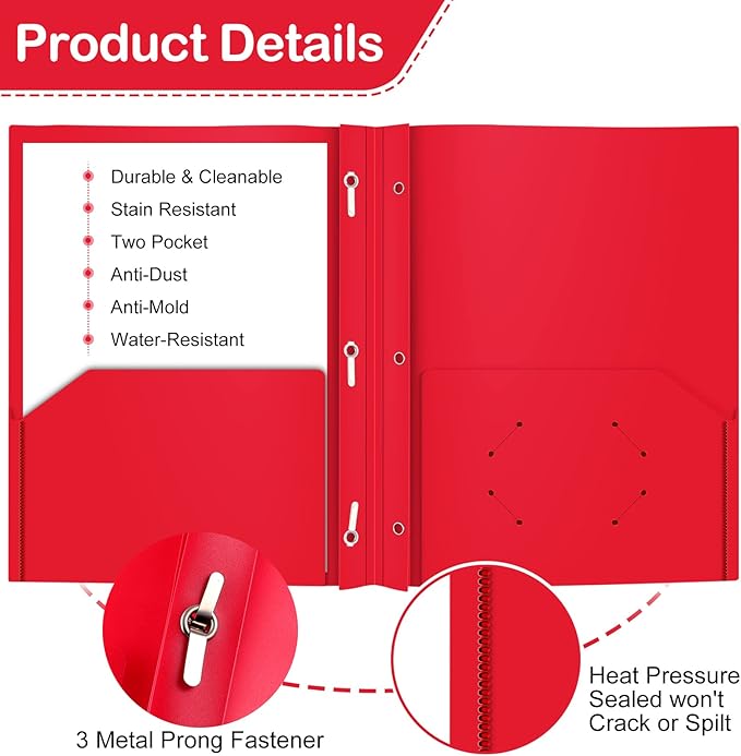 Heavy Duty Plastic Folder, 60 Pack, Pocket Folder with brads, Letter Size Poly File, Plastic Folders with 3 Prongs Fasteners - Red