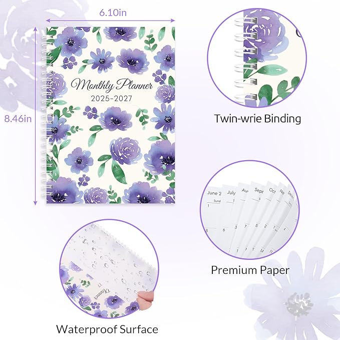 Monthly Planner 2025-2027, Monthly Calendar July 2025 - December 2027, A5 Planner 2025-2026 with Coil, 5.9'' x 8.4'', Perfect for Office School Supplies Organizing Planning - Purple