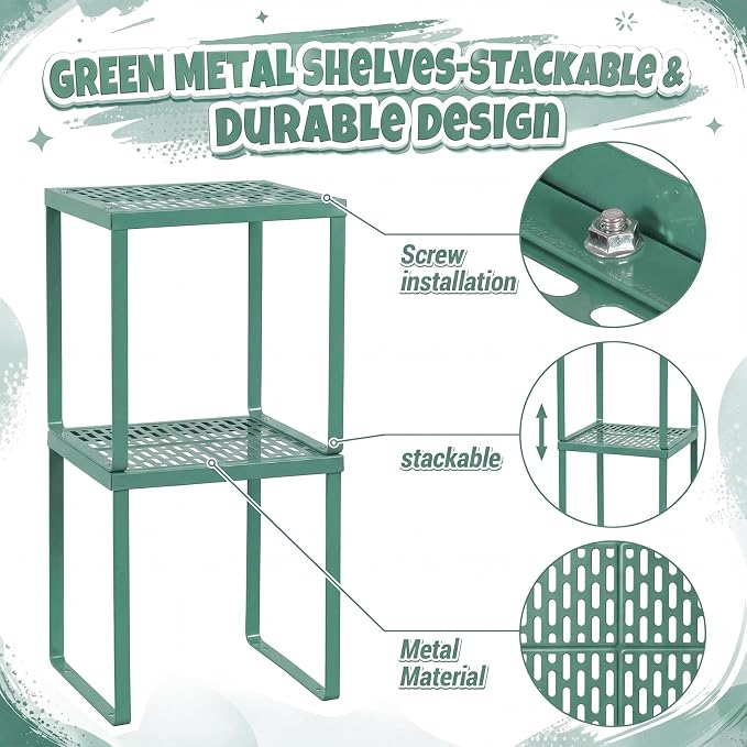 Colarr 2 Pcs Locker Organizer Shelf Stackable 2-Tier Shelves Fits Standard Size School Lockers Heavy Duty Metal Locker Shelf for School Office Gym Lockers Home Storage 11x 10 x 12 Inch(Grayish Green)
