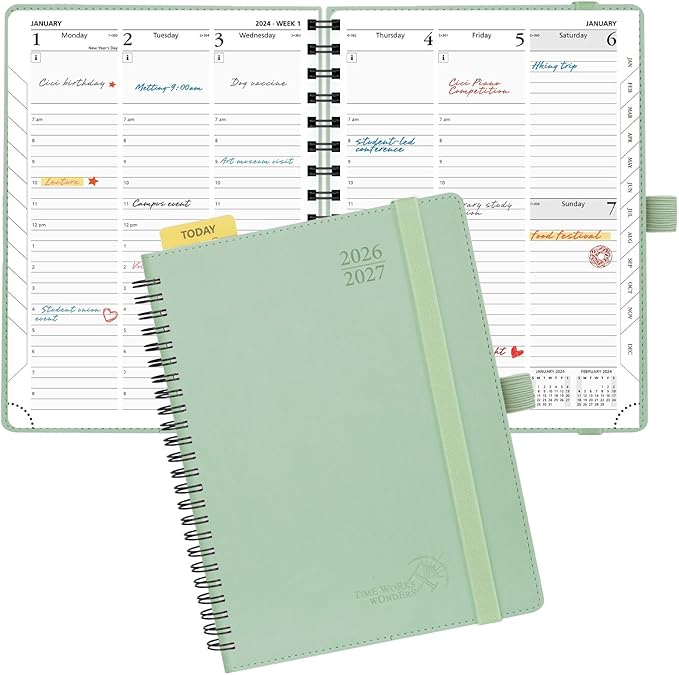 POPRUN Planner 2026-2027 (Medium - 6.5'' x 8.5'') Academic Weekly Calendar (July 2026 - June 2027) with Hourly Time Slots, Monthly Tabs, 100GSM Thick Papers, Spiral Leather Cover - Celadon