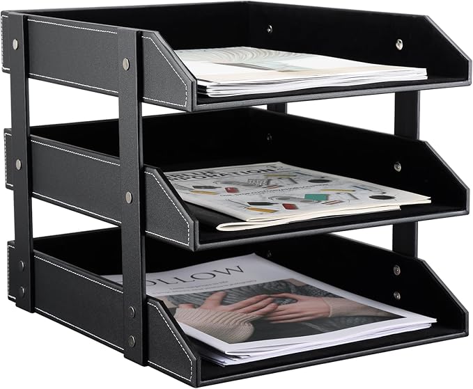 KINGFOM Letter Tray, Leather Paper Organizer Tray, Wooden Desk File Holder, Desktop File, Stackable Magazine Holder, Mail Sorter, Great for Home or Office - 3 Level Black