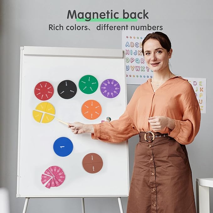 Magnetic Fraction Tiles Circles 51 pcs Fraction Bars Set, Rainbow Math Manipulatives for Preschool Elementary School Classroom Educational Kit