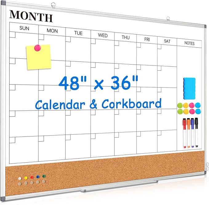 Large Monthly Dry Erase Calendar Whiteboard for Wall, 48" x 36" Double-Sided Big Calendar White Board Cork Board Combo, Aluminum Framed Month Planning Bulletin Board for Office, School, Home