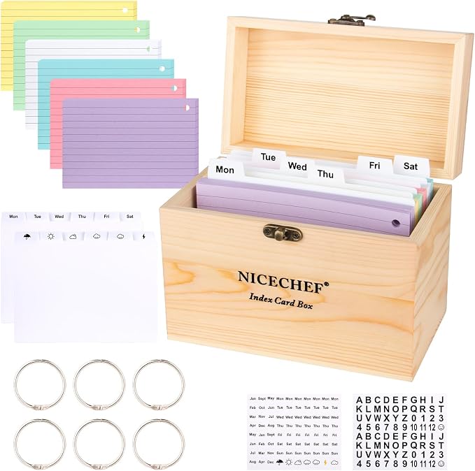 Index Card Holder 4x6, Wooden Recipe Box with 300 PCS Flash Cards Card Organizer,12 White Dividers, 6 Metal Rings, 2 Sticker, for Office, Business, Flashcard Notecard Holders for Home Office