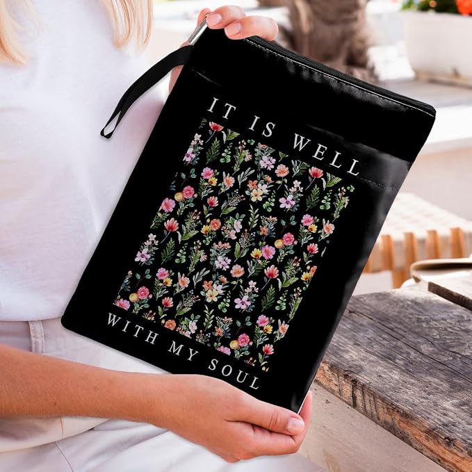 It is Well with My Soul Book Sleeve Christian Book Cover,Book Lovers Gifts Waterproof Book Cover for paperbacks with Zipper and Front Pocket Book Pouch for Women Teacher Student Gifts (Black, Large)