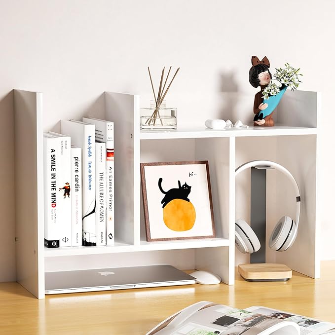Desk Shelves Wood Desktop Orgnizer Shelf. Office Organization for Top of Desk Organizers and Accessories Bookshelf Shelving,Adjustable Tier H-Shape Mini Bookcase(White)