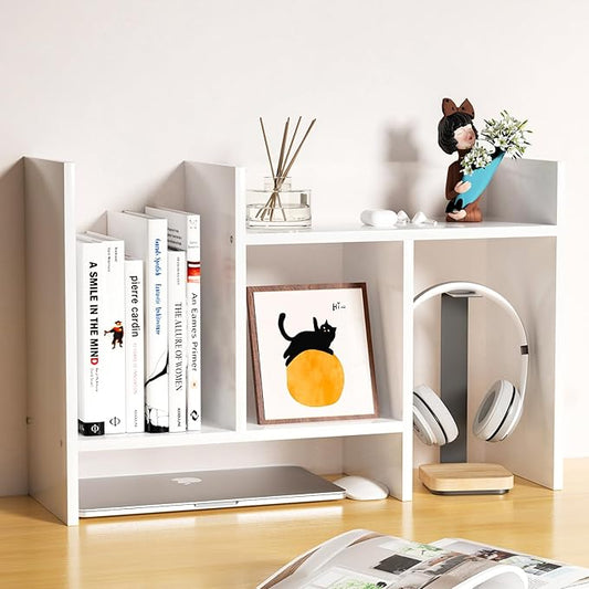 Desk Shelves Wood Desktop Orgnizer Shelf. Office Organization for Top of Desk Organizers and Accessories Bookshelf Shelving,Adjustable Tier H-Shape Mini Bookcase(White)