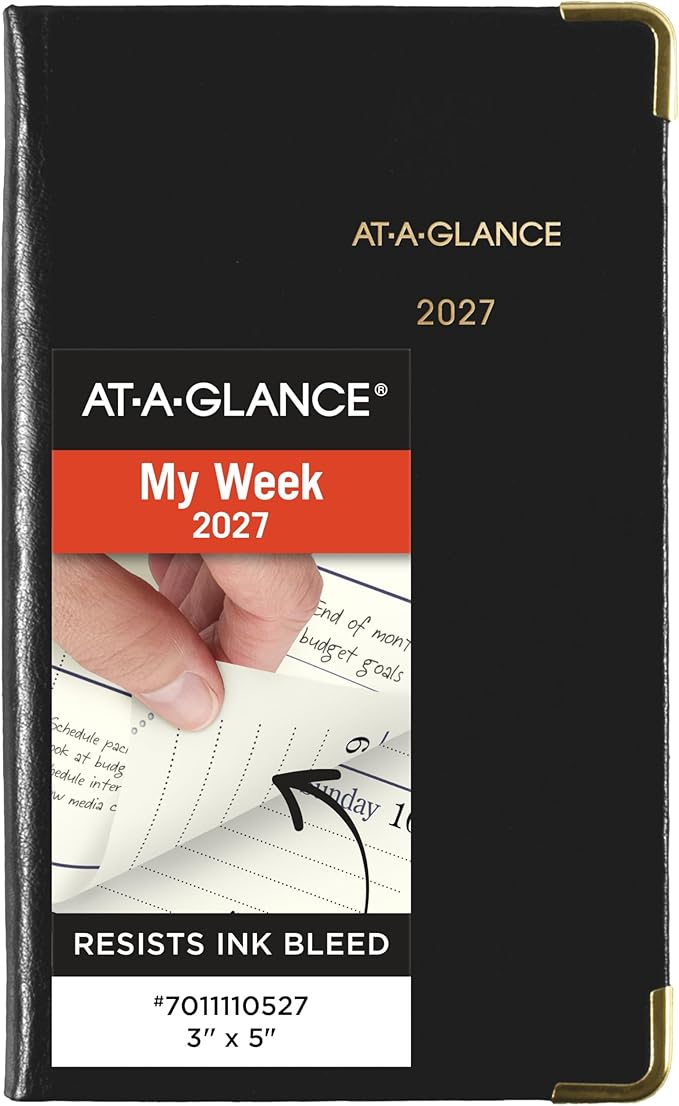 AT-A-GLANCE 2027 Planner, Weekly & Monthly, 3" x 5", Pocket Size Fine Diary, Faux Leather Hardcover, Black (7011110527)