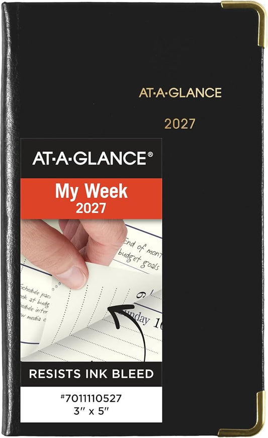 AT-A-GLANCE 2027 Planner, Weekly & Monthly, 3" x 5", Pocket Size Fine Diary, Faux Leather Hardcover, Black (7011110527)