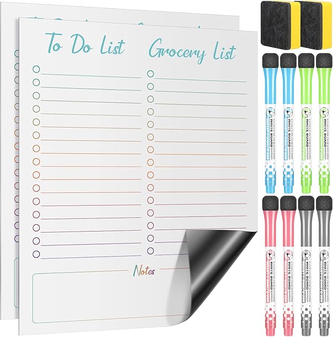 Gueevin 2 Pcs Magnetic Dry Erase Grocery List for Fridge 10" x 12" Magnet White Board Sheet with 8 Whiteboard Markers 2 Eraser Reusable for Refrigerator Kitchen Locker Cabinet Door(Colored Line)