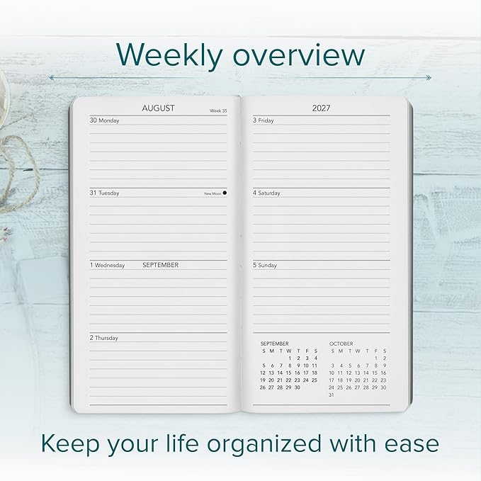 Harbor Pocket Weekly Monthly Planner 2027, Calendar Planner and Notebook, Durable Faux Leather, 192 Pages, Softcover & Book Bound - Leida Navy - 6x3.25"