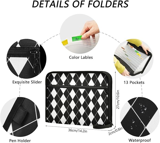 Black White Harlequin Pattern Accordion File Organizer Expanding Document Folder with 13 Pockets Portable File Folder for A4 Letter Size