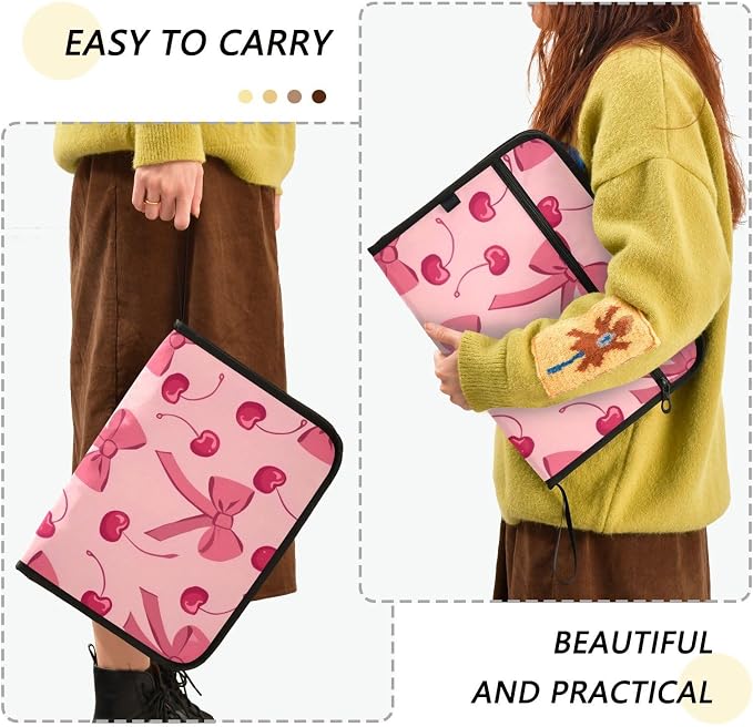 Expanding File Folder Pink Bow Cherry Accordion File Organizer 13 Pockets Document Organizer with Zipper Labels A4 Letter Office Storage