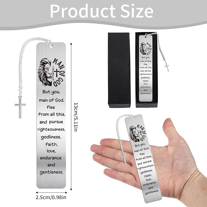 Lion Christian Bookmark Gifts for Men: Scripture Metal Book Mark with Cross Pendant, Bible Study Accessories for Men, Religious Graduation Gifts for Him with Box, School Office Church Supplies