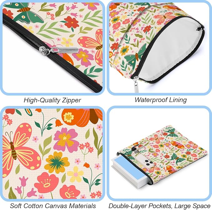 Book Sleeve Book Protector Book Pouch Book Lovers Gifts Bookish Gifts Book Cover with Zipper for Hardcover Paperback Washable Floral Butterfly Printed Gift Bag for Women Teacher Girl, BookCover