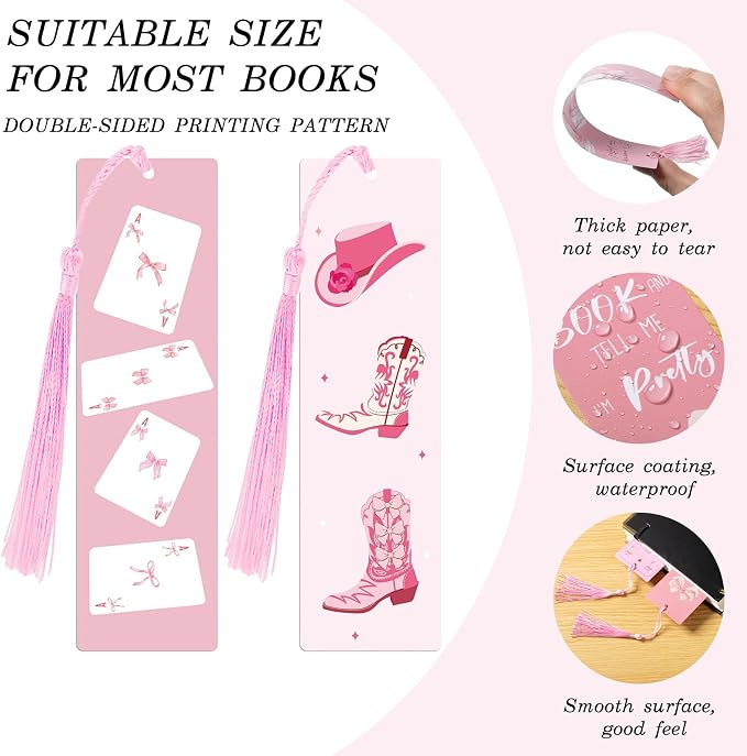 12PCS Pink Bow Bookmarks, Paper Bookmark with Tassels, Pink Bookmarks for Book Lovers Gifts, Double-Sided Colorful Cute Book Marks for Women, Book Accessories, Classroom Reading Supplies