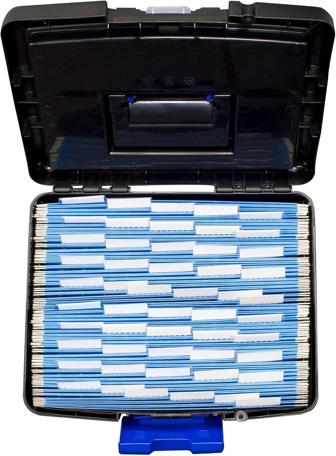 Storex Portable File Box, with Lockable XL Supply Storage Lid and Carry Handle, Black/Blue, 10.9 x 11 x 13.25 Inches, 2-Pack (61415B02C)