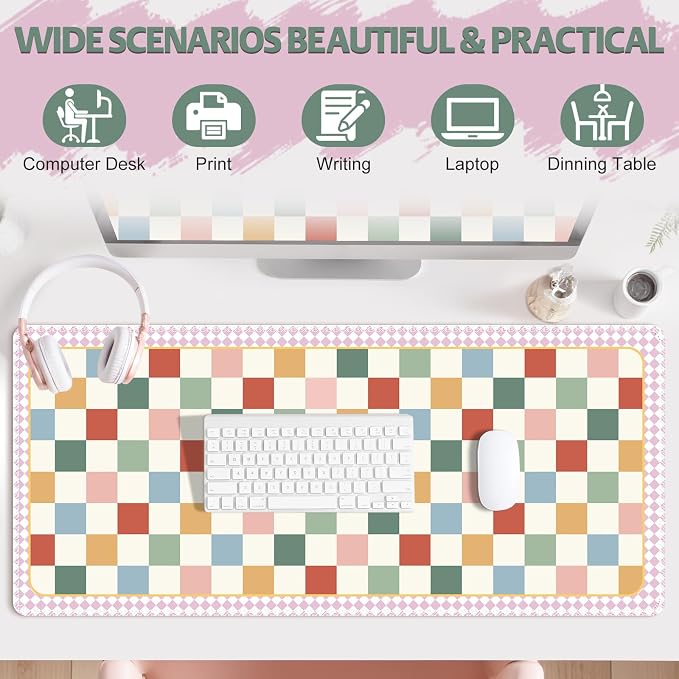 Desk Pad for Keyboard and Mouse, Large Mouse Pad for Desk, Non-Slip Keyboard Mat, Computer Mats for Desk, Cute Desk Pad with Stitched Edges for Office, Gaming I Multicolored Plaid