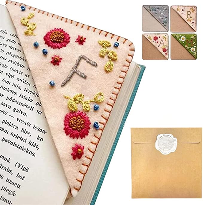 Personalized Hand Embroidered Corner Bookmark, 26 Letters Hand Stitched Felt Corner Letter Bookmark, Cute Flower Embroidery Bookmarks for Book Reading Lovers Meaningful Gift (Fall，F