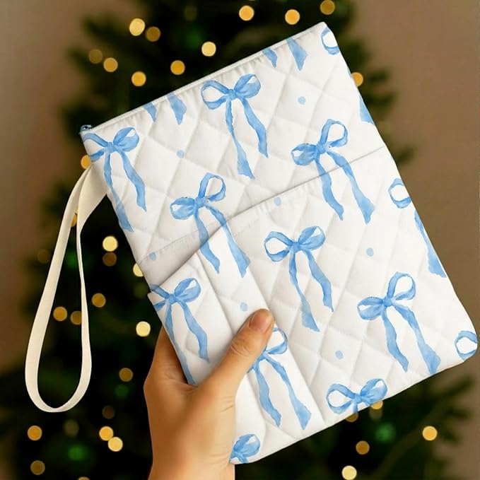 Gilprop Blue Bow Bible Book Sleeve with Zipper 11" x 9" Padded Protector Washable Quilted Book Covers Printed Bible Pouch with Handle Pockets Protector for Books Lover Christian Gifts