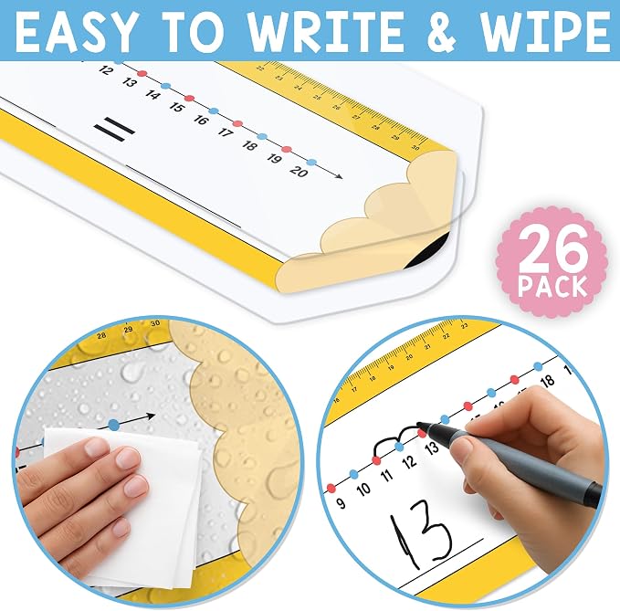 26 Pack Pencil Shape Number Line Dry Erase Boards 14"x4" Math Manipulatives for Kindergarten, Students, Classroom Must Haves