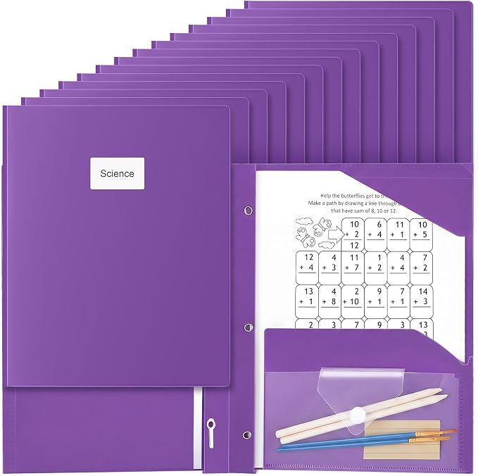 Kosiz 24 Pcs 2 Pocket Folders with Prongs, Paper Folders with 2 Pockets and 3 Prongs Fit Letter Size Paper, Back to School File Document Organizer for School Office Home Supplies (Purple)