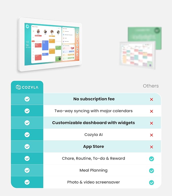 Cozyla Calendar Plus 2: 15.6" Smart Digital Calendar & No Subscription Family Dashboard, Electronic Touch Screen Wall Planner for Family System-Chore Chart, Meal Planner, Support App Store with Stand