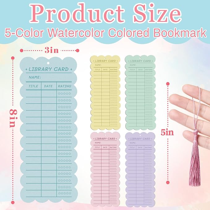 50 PCS Reading List Bookmarks Book Tracker with 50 Bookmark Tassels, 3 x 8 Inch Watercolor Library Card Reading Log Bookmark for Teachers Women Book Lovers