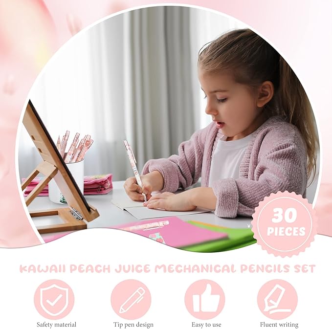 Breling 30 Pcs Kawaii Peach Mechanical Pencil Gift Set 12 Mechanical Japanese Pencils 6 Cute Peach Eraser 12 Tube HB Refill Graduation First Day of School Office Gift(0.5mm)